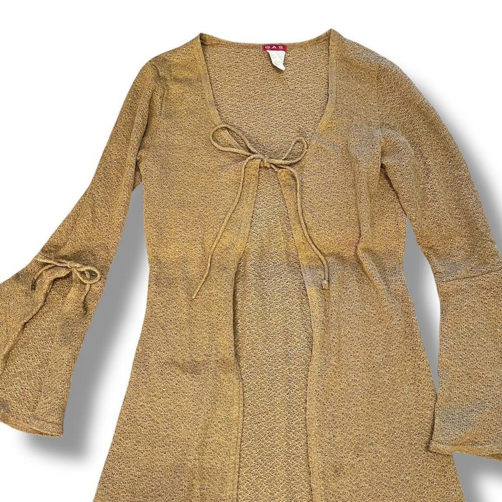Y2K G.A.S Bohemian Gold Sheer Bell Sleeve Tie-Front Cardigan - Picture 3 of 7